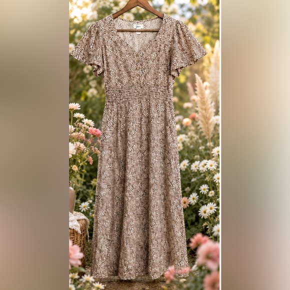 Japna Dresses & Skirts - Boho,Smocked,Midi, Small, Cottage-core Leopard print, neutral, Dress